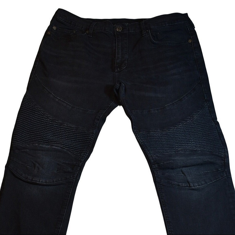 True Religion Rocco Relaxed Skinny Moto Jeans Mens 36 Indigo Blue Ribbed Denim